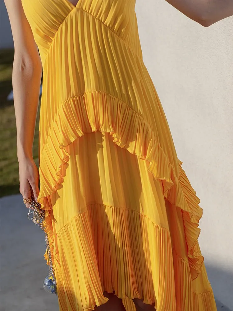 Yellow V-Neck Irregular Pleated Sexy Sling Dress
