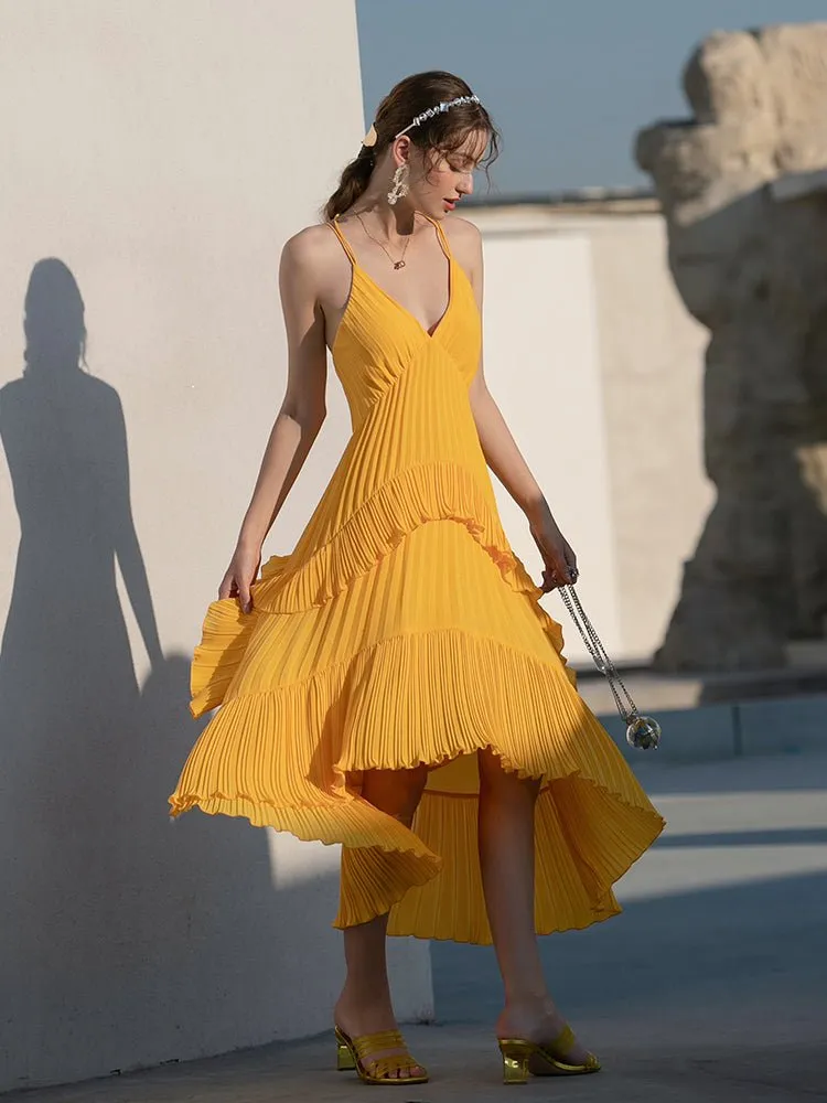 Yellow V-Neck Irregular Pleated Sexy Sling Dress