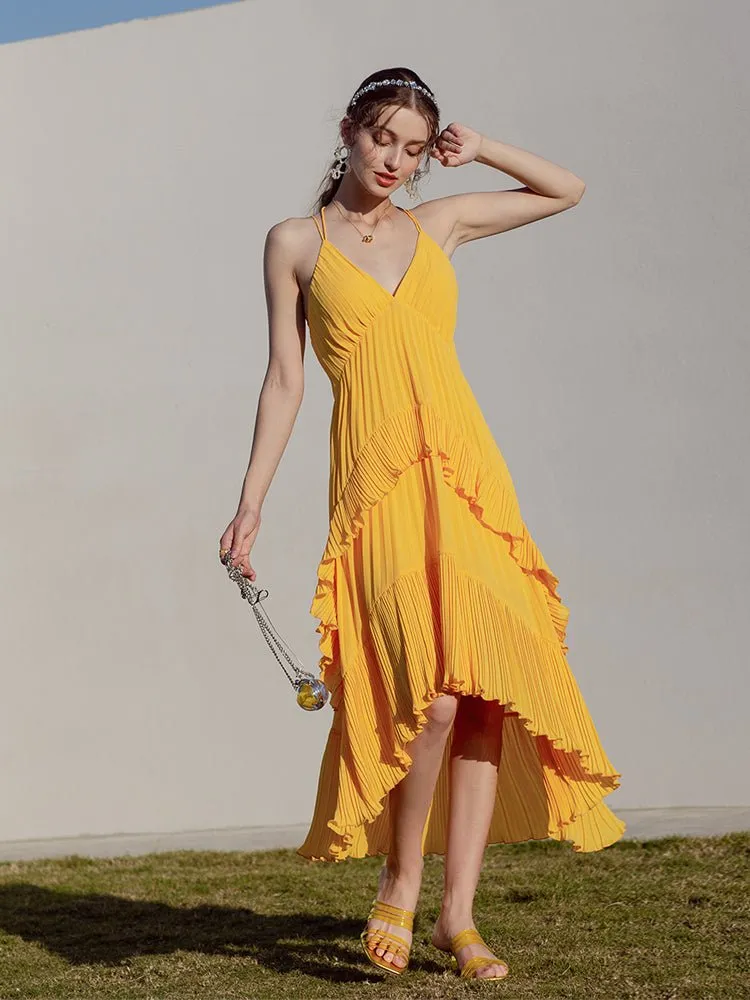 Yellow V-Neck Irregular Pleated Sexy Sling Dress