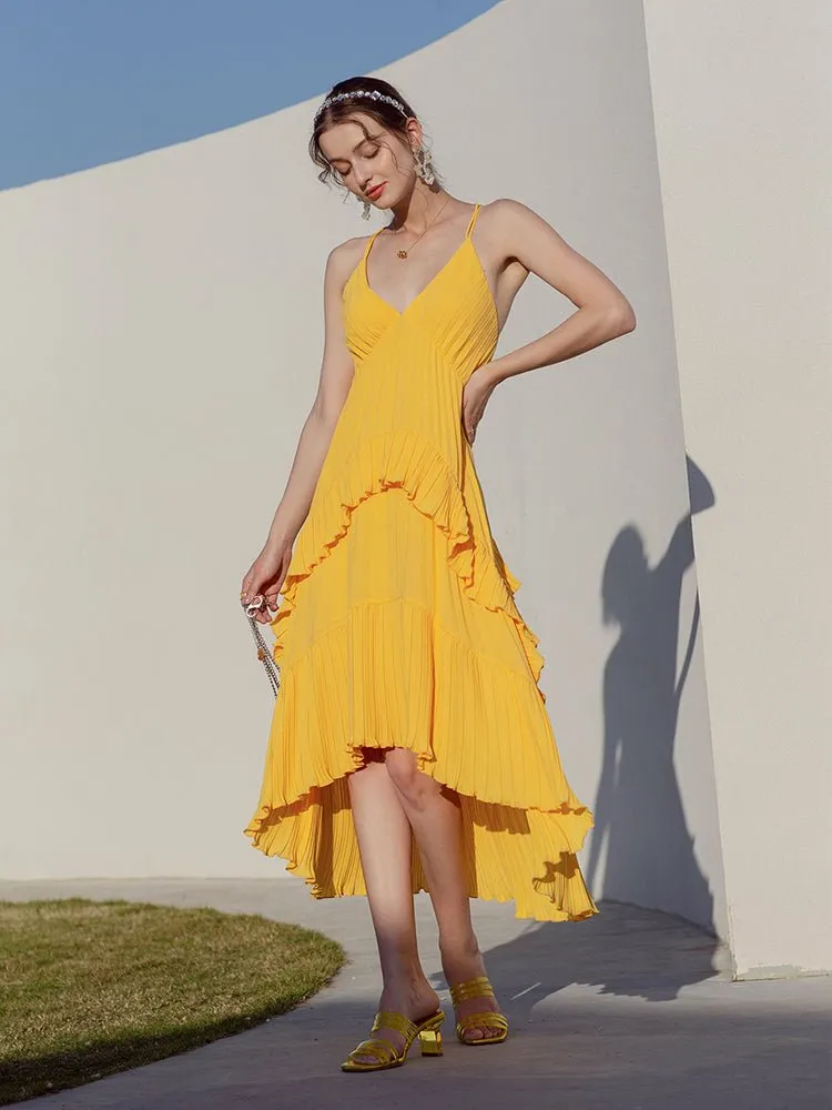 Yellow V-Neck Irregular Pleated Sexy Sling Dress
