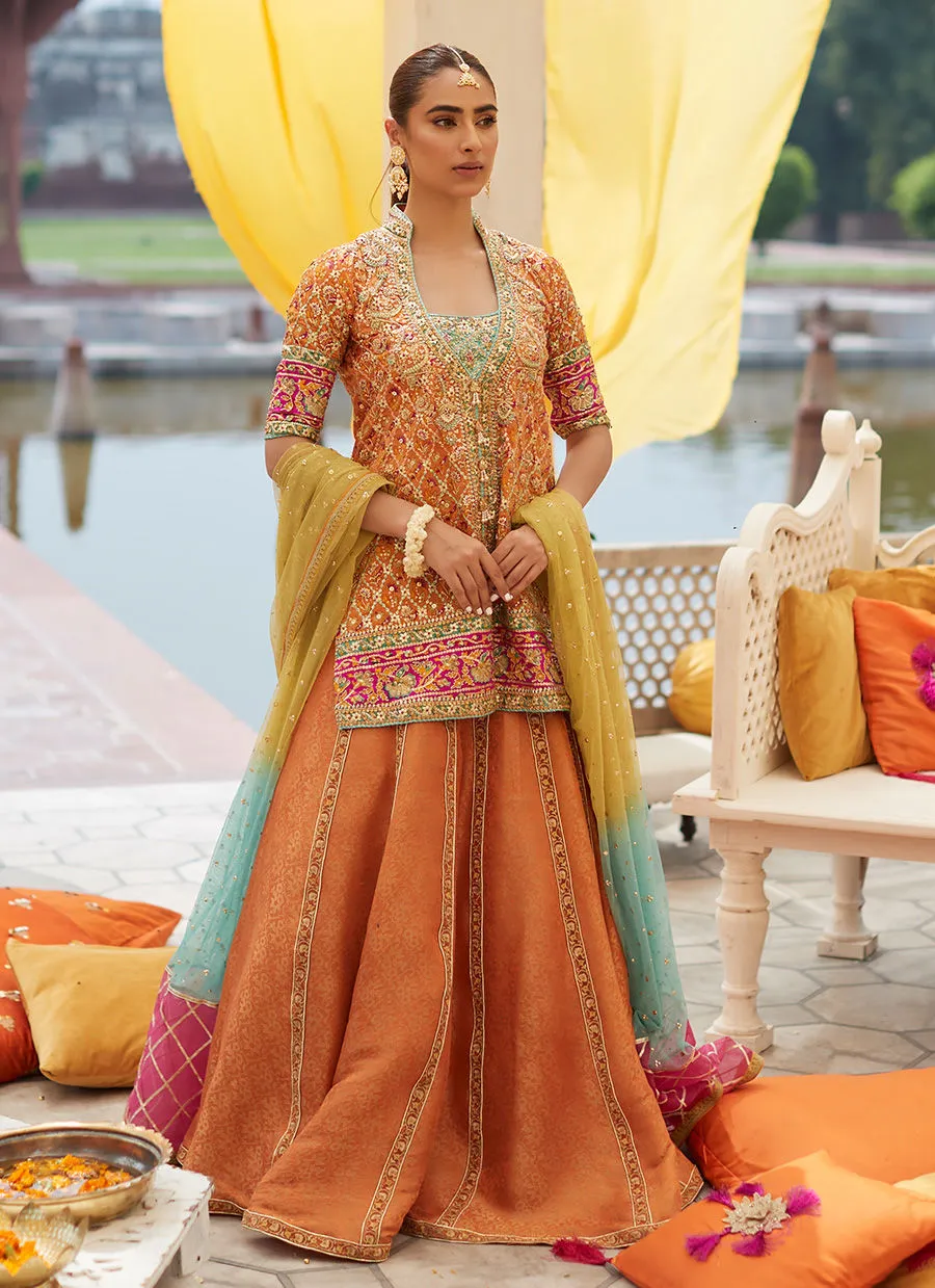 ZARMINAY MAYUN FRONT OPEN ORANGE SHIRT DHAKHA