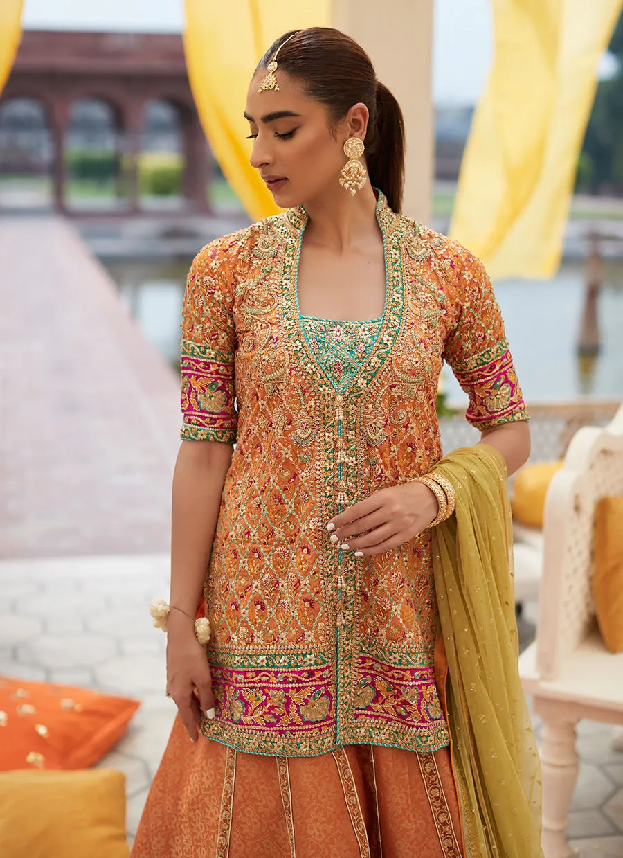 ZARMINAY MAYUN FRONT OPEN ORANGE SHIRT DHAKHA