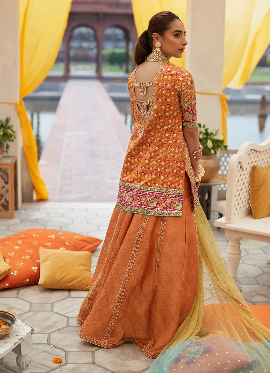 ZARMINAY MAYUN FRONT OPEN ORANGE SHIRT DHAKHA