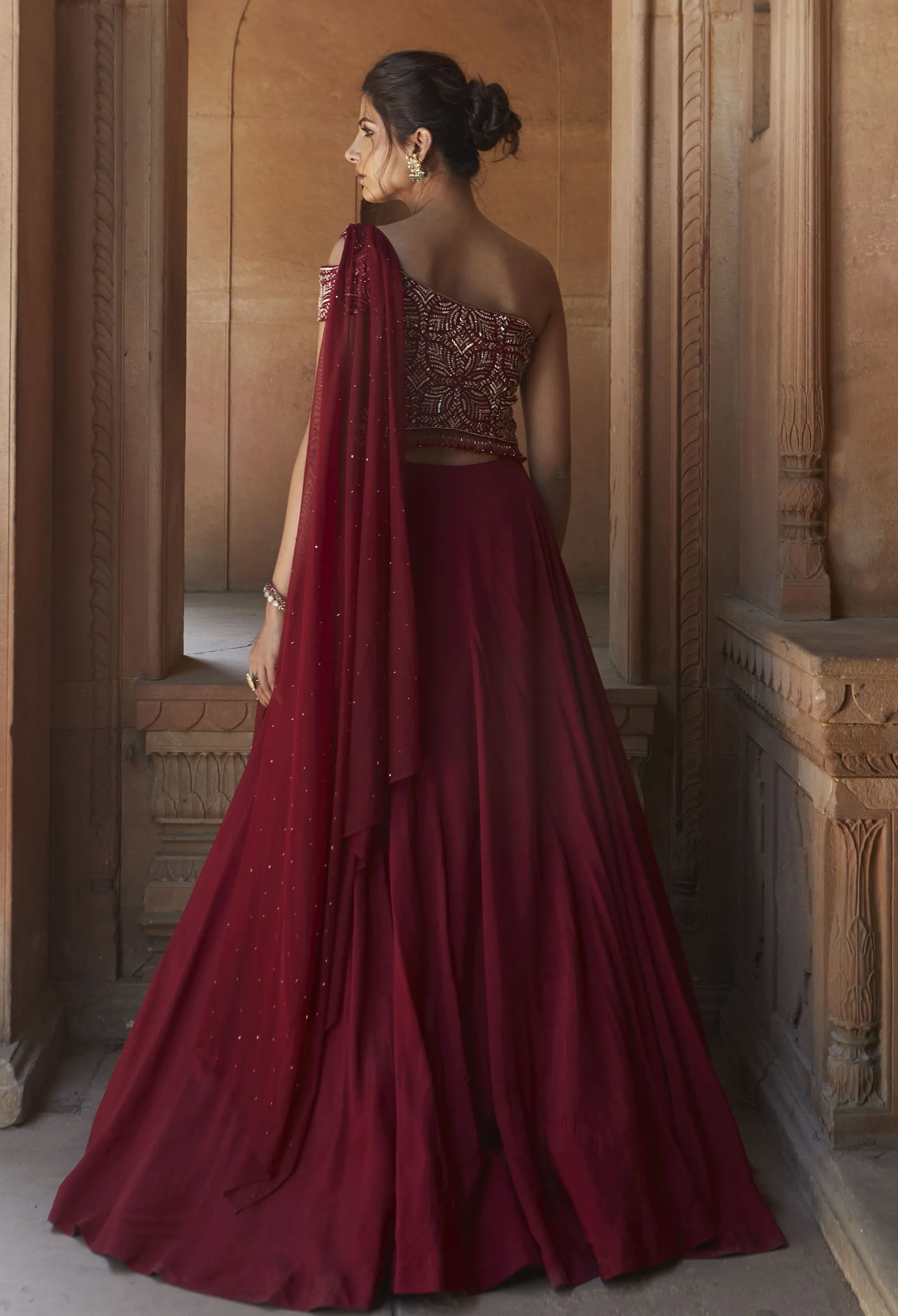 Zohra Oxblood Embroidered Gown With Dupatta