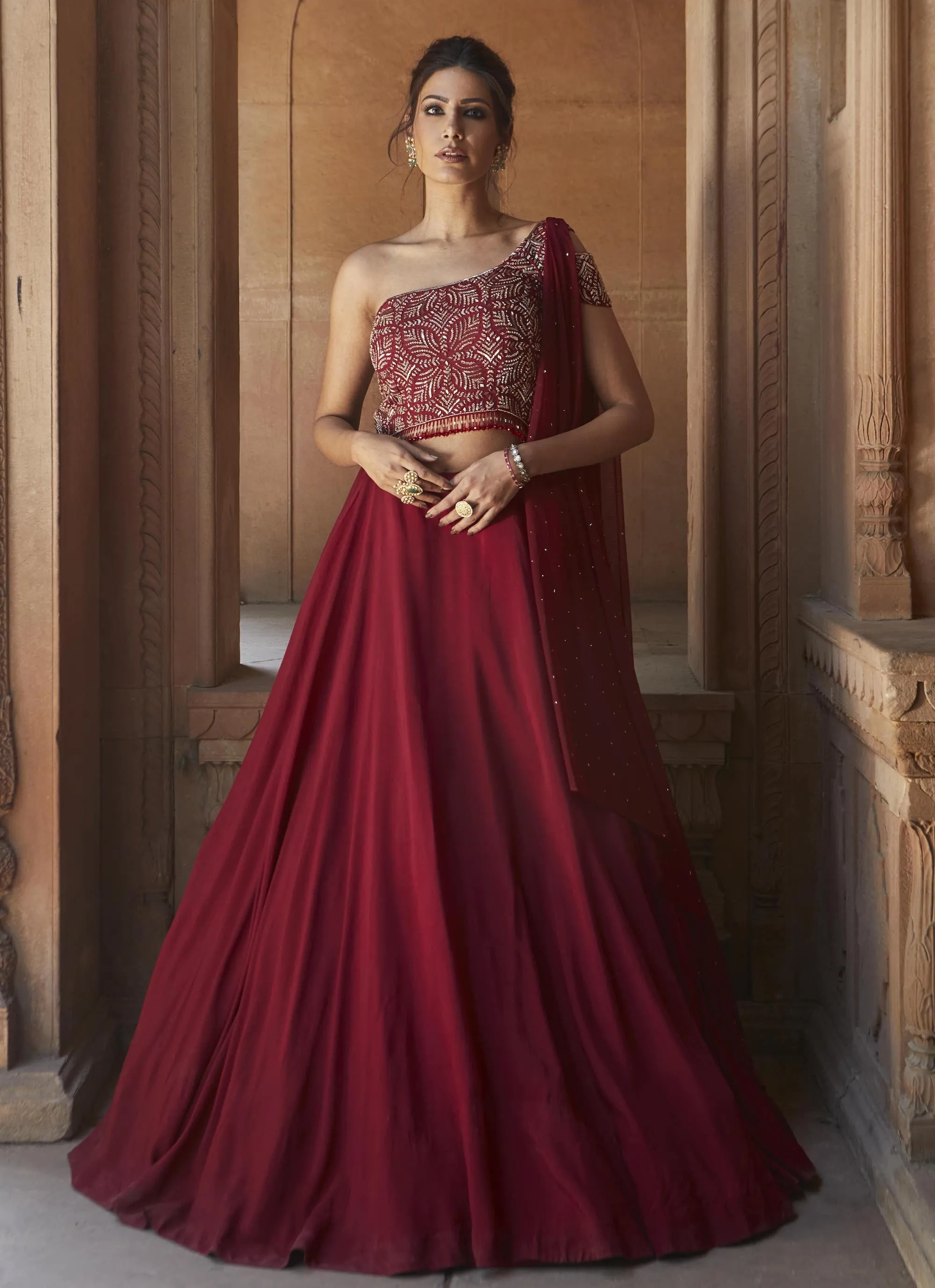 Zohra Oxblood Embroidered Gown With Dupatta