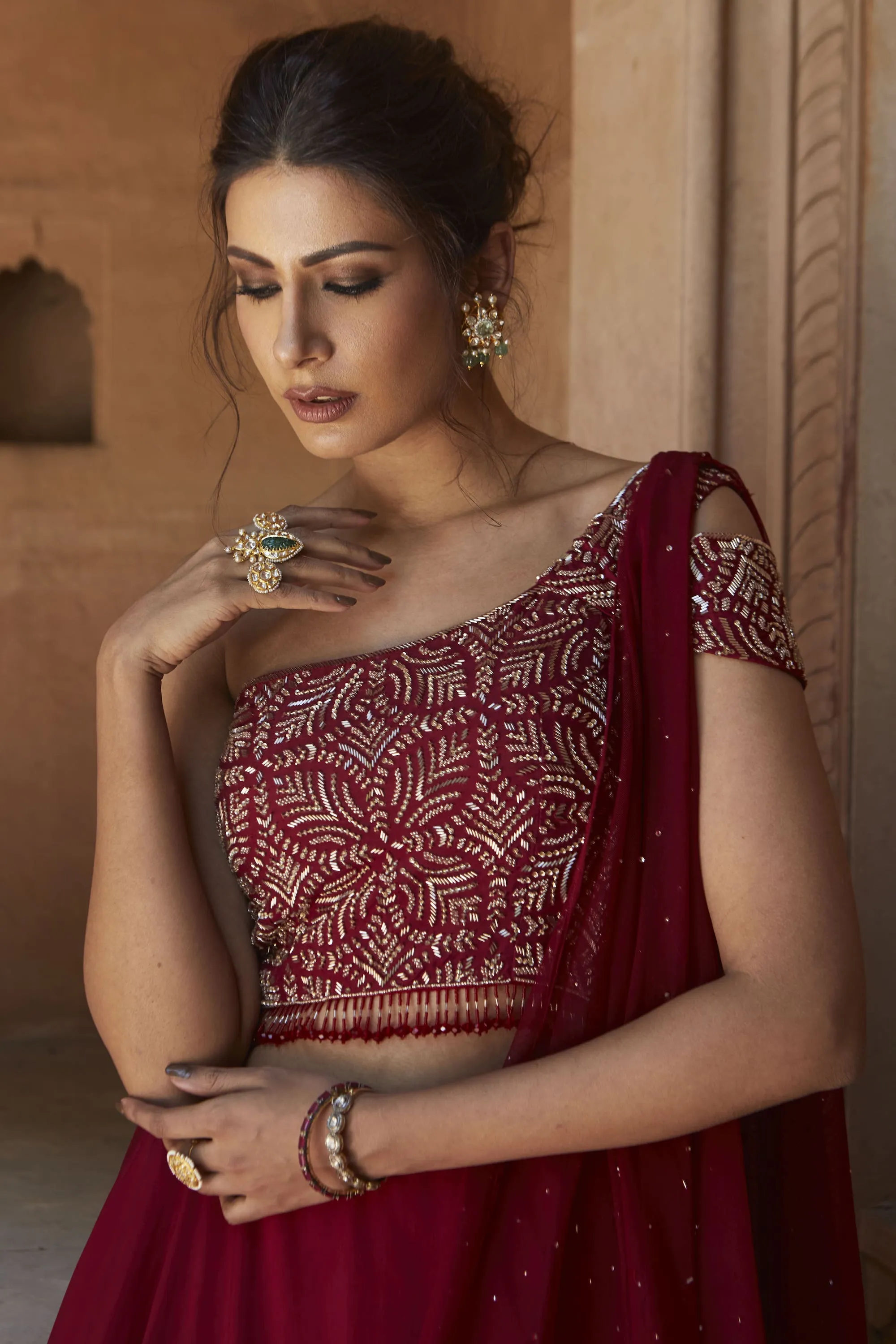Zohra Oxblood Embroidered Gown With Dupatta